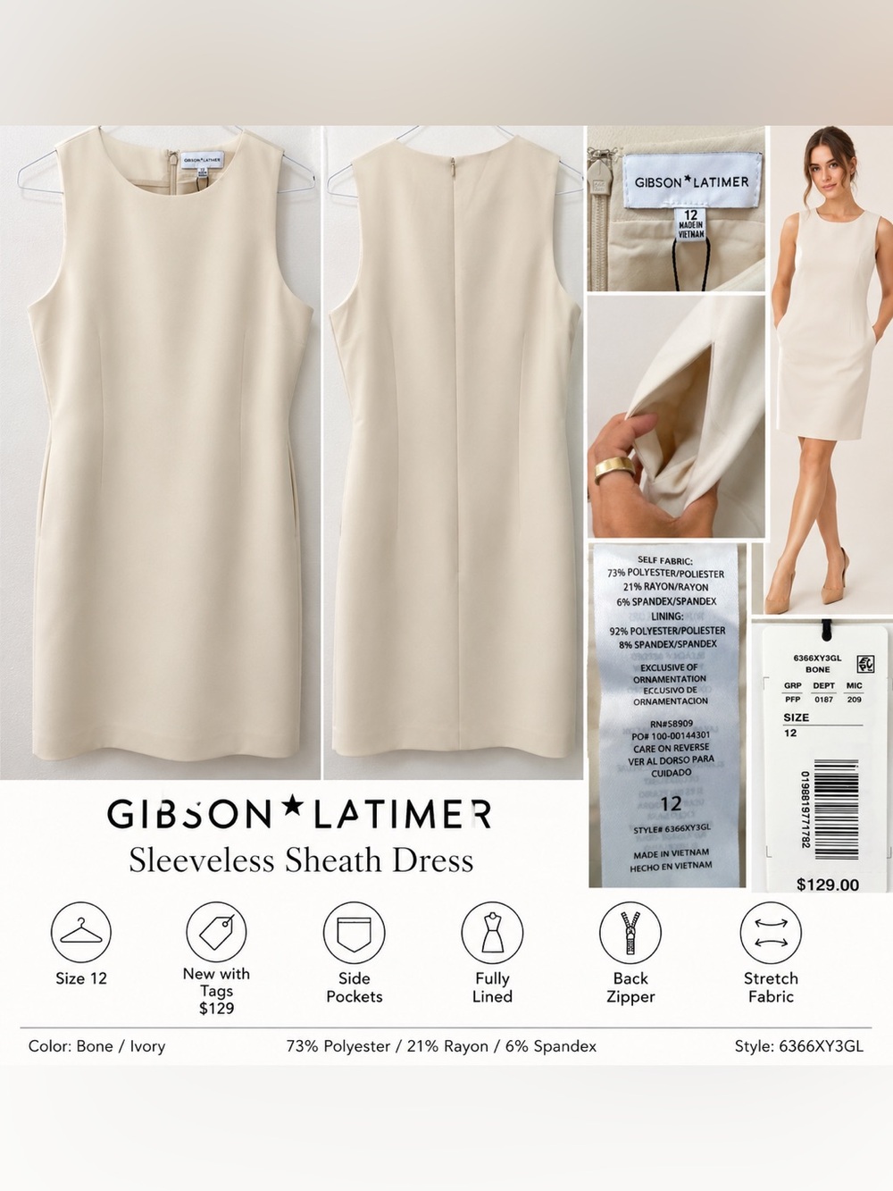 NWT Gibson Latimer Ivory Sleeveless Sheath Dress Size 12 $129